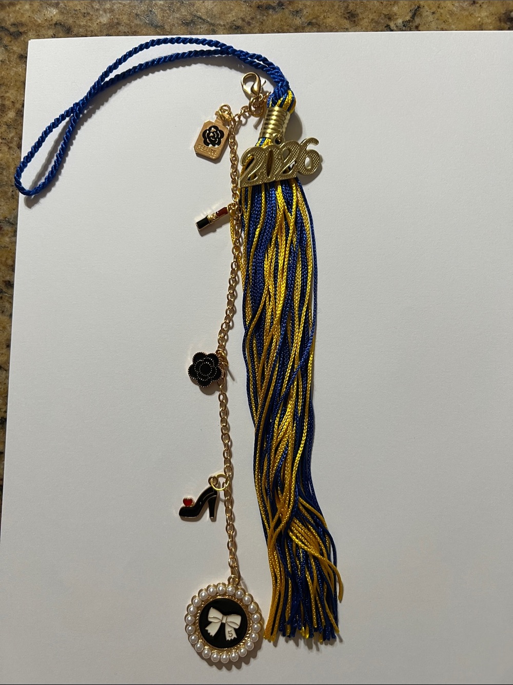 New custom grad topper tassel Gold-Tone Charm with Black, Red and White Accents